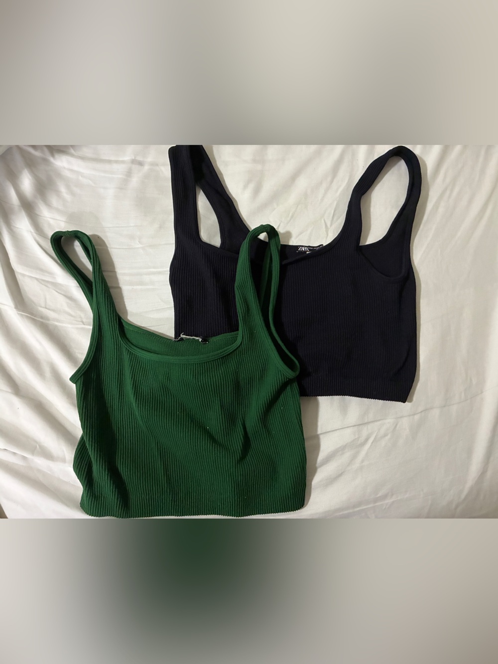 Zara TWO Ribbed Scoop Neck Tank Top - Green and Black